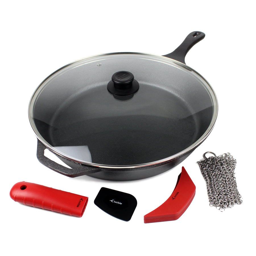 Crucible Cookware 15-Inch Cast Iron Skillet Set (Pre-Seasoned), Including Large & Assist Silicone Hot Handle Holders, Glass Lid, Cast Iron Cleaner Chainmail Scrubber, Scraper | Indoor & Outdoor Use