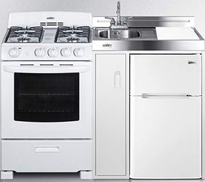 Summit Appliance ACK54GASW 54" Wide All-in-One Kitchenette with 115V 4-Burner Gas Range, Refrigerator-Freezer, Sink, Cutting Board and Cutlery Storage, and a Storage Cabinet