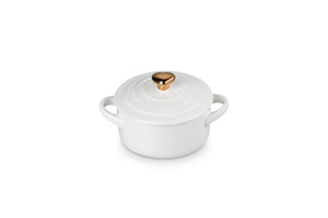 Le Creuset Stoneware Mini Round Cocotte, 8oz., White with Gold Heart Knob
