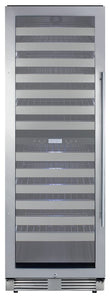 Commercially approved dual zone wine cellar for built-in or freestanding use with seamless stainless steel door and full-extension shelving