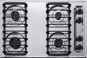 Summit Appliance ZTL053S 30" Wide 4-Burner Gas Cooktop in Brushed Chrome with Cast Iron Grates, Push-to-turn Knobs, Removable Burner Caps, Recessed Top and Electronic/Gas Spark Ignition