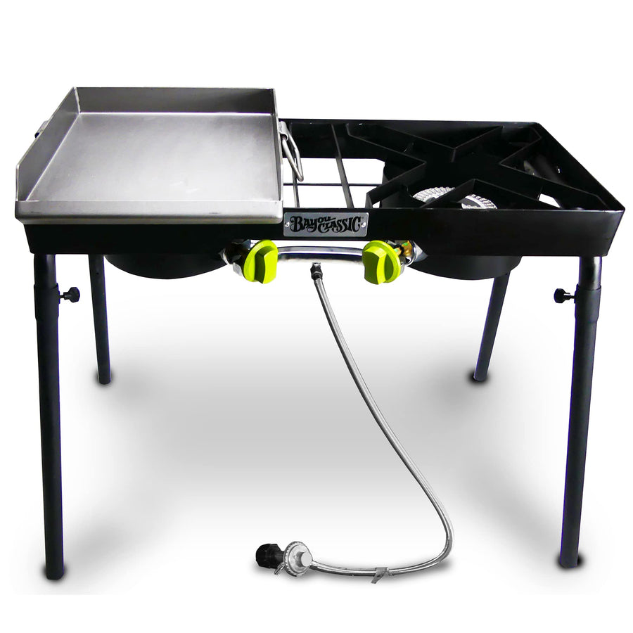 Bayou Classic Dual Patio Camp Stove w/Single Griddle Features Dual 6-in Cast Aluminum Burners 27-in Tall Cooker 13.5-in x 13.5-in Square Removable Griddle Perfect For Backyard Chefs Tailgates