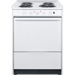 Summit Appliance WEM610R 24" Wide Slide-in Electric Coil Top Range in White with Lower Storage Compartment, Recessed Oven Door, Broiler Pan, Indicator Lights, Push-to-turn Burner Knobs