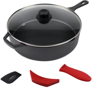 Crucible Cookware 12-Inch Cast Iron Skillet Set (Pre-Seasoned - EXTRA DEEP Sauté Pan), Including Large & Assist Silicone Hot Handle Holders, Glass Lid, Scraper | Indoor & Outdoor Use