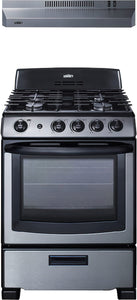 Summit Appliance RGH24RSS 24" Wide Gas Range and Convertible Hood Set, 4 Burners, Slide-out Oven Racks, Burners Indicator Lights, Push-to-turn Controls, Stainless Steel Under Cabinet Range Hood