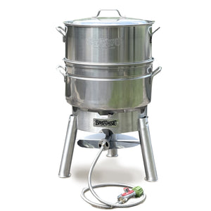 Bayou Classic KDS-151 Stainless Steamer Kit Features Heavy Welded Loop Handles 4-in Cast Aluminum Burner 10-psi Regulator w/ 48-in Hose Perfect For Steaming Up To A Half Bushel of Seafood