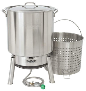 Bayou Classic KDS-182 Stainless Steel Boiler Cooker Kit Features 82-qt Stainless Boiler with Lid, Boil Basket with Helper Handle, Single Jet 106,000 BTU Burner, 10-psi Pre-Set Regulator and 60-in Hose