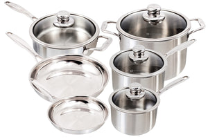 Swiss Diamond Premium Clad 5-Ply Stainless Steel 10 Piece Cookware Set with Satin Exterior Finish, Induction Compatible Stainless Steel Pots and Pans Set - Oven and Dishwasher Safe
