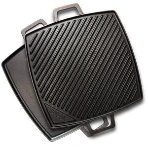 Bayou Classic 7444 10.5-in Cast Iron Reversible Square Griddle Features Flat Side and Ribbed Grill Side Perfect for Large Batch Breakfast Burgers and Grilled Sandwiches Steaks and Chicken