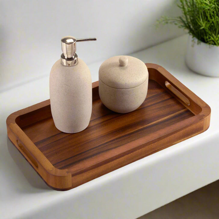 Kalmar Home acacia wood tray on a bathroom counter