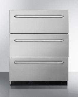 Three-drawer commercial outdoor all-refrigerator in complete stainless steel with automatic defrost operation and towel bar handles