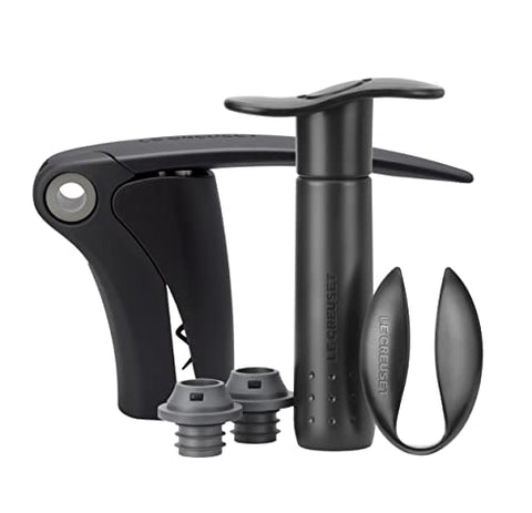5 Piece Wine Tools Gift Set (Compact Lever Foil Cutter & Pump with 2 Stoppers) Black/Grey