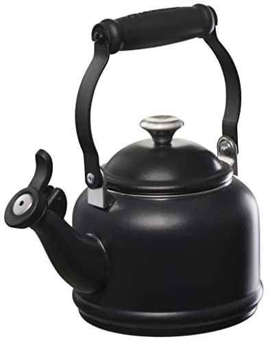 Enamel on Steel Demi Tea Kettle – 1.25 qt, Licorice Finish, Stylish and Durable Whistling Kettle with Metal Accents