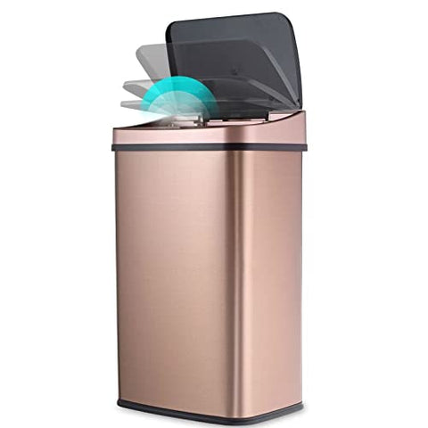 FastFurnishings Gold Copper 13-Gallon Stainless Steel Kitchen Trash Can with Motion Sensor Lid