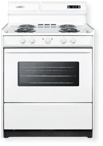 30inch wide electric coil top range in white with oven window and high backguard