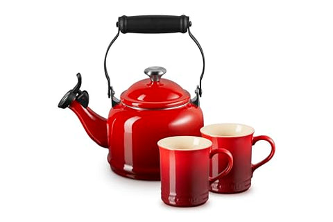 Le Creuset Enamel On Steel Demi Kettle with Metal Finishes & Stoneware Set of 2 Mugs, 1.25 qt. Kettle & (2) 14 oz. Mugs, Cerise