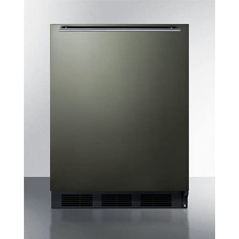 ADA compliant built-in undercounter refrigerator-freezer for residential use, cycle defrost w/deluxe interior, black stainless steel door, horizontal handle, and black cabinet