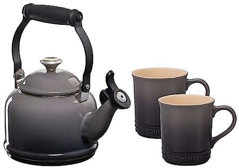Demi Kettle w/ SS Knob & 2 Mug Set - Oyster 1.25 qt. Kettle & (2) 14 oz. Mugs