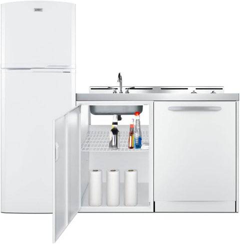 Summit 71" All-in-One Kitchenette with Refrigerator-Freezer, Smooth Glass 2 Burner Cooktop, Dishwasher, Sink, White- ACKDW721G