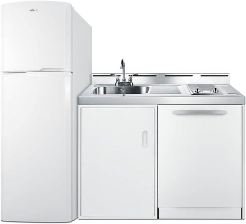 Summit 71" All-in-One Kitchenette with Refrigerator-Freezer, Smooth Glass 2 Burner Cooktop, Dishwasher, Sink, White- ACKDW721G
