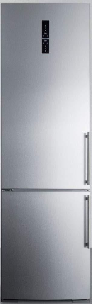 European counter depth bottom freezer refrigerator with icemaker, stainless steel doors, platinum cabinet, and digital controls for each section