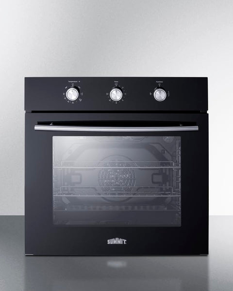 24 Inch wide gas wall oven in black with convection designed to fit 23.23 Inch H x 22.2 Inch W x 23.62 Inch D cutouts