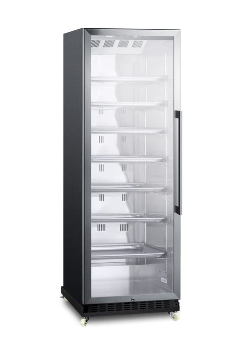 Summit Appliance SCR1401LHRI Full-Size Commercial Beverage Merchandiser with Self-closing Glass Door, Left Hand Door Swing, Sheet Pans and Adjustable Tray Supports, Black Cabinet and Removable Dolly