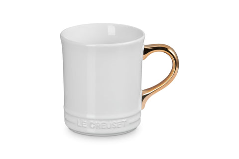 Le Creuset Stoneware Vancouver Mug with Gold Metallic Handle, 14 oz., White