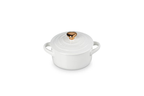 Le Creuset Stoneware Mini Round Cocotte, 8oz., White with Gold Heart Knob