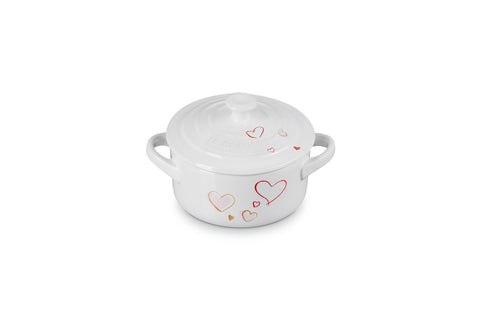 Le Creuset Mon Coeur Collection Stoneware Classic Round Mini Cocotte, 8 Oz., White with Hearts
