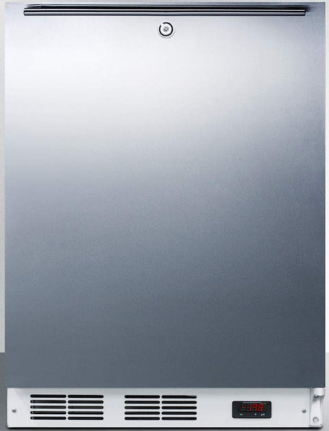 ADA compliant built-in medical all-freezer capable of -25 C operation, with lock, stainless steel door, horizontal handle, and white cabinet