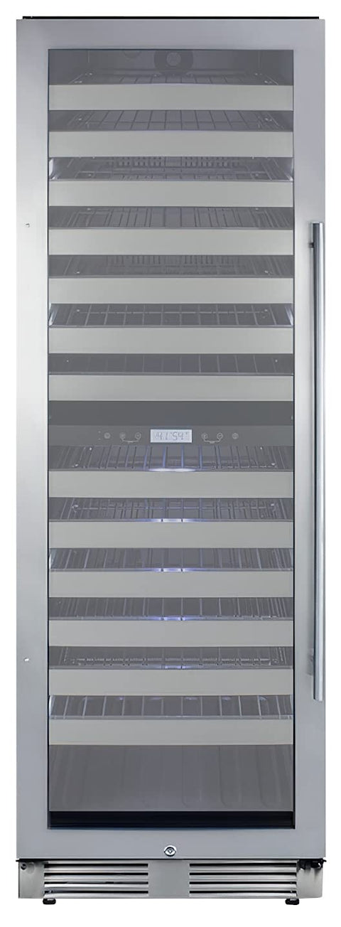 Commercially approved dual zone wine cellar for built-in or freestanding use with seamless stainless steel door and full-extension shelving