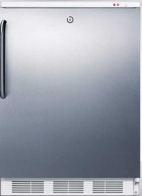 Built-in undercounter medical all-freezer capable of -25 C operation, with lock, wrapped stainless steel door and towel bar handle
