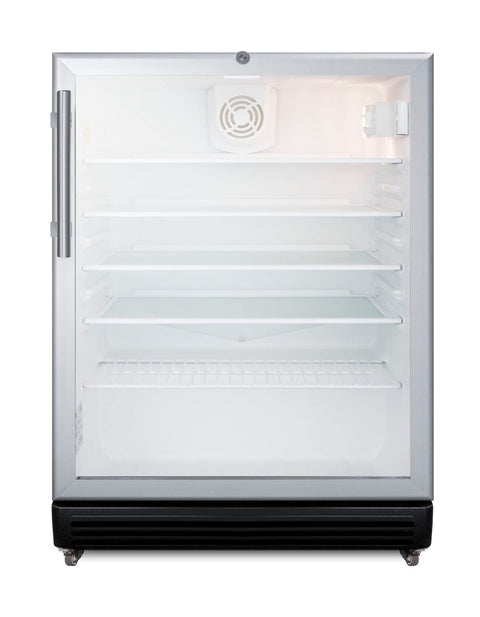 Summit Appliance SCR600BGLMBL Commercial 5.5 Cu.Ft. Glass Door 24" Wide Beverage Center with Stainless Steel Work Surface, Front Lock, Automatic Defrost and Pre-Installed 1" High Casters