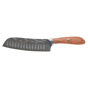 Swiss Diamond Santoku Knife, German Steel with Carbonized Ash Wood, Full Tang Handle, Damascus Blade Chef Knives Professional Grade, 55+2 Rockwell Hardness, 7 Inch