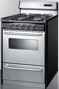 Summit Appliance TTM6307BKSW 24" Wide Gas Range in Stainless Steel with Sealed Burners, High Backguard, Clock/Timer, Oven Window, Towel Bar Handles and Electronic Ignition