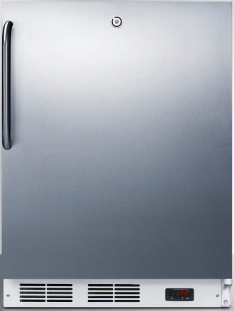 ADA compliant built-in medical all-freezer capable of -25 C operation, with lock, stainless steel door, towel bar handle, and white cabinet