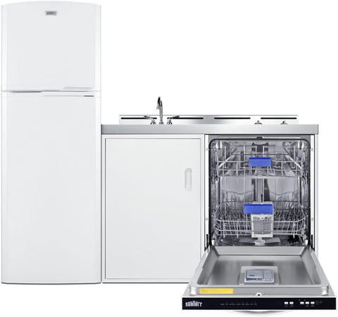 Summit 71" All-in-One Kitchenette with Refrigerator-Freezer, Smooth Glass 2 Burner Cooktop, Dishwasher, Sink, White- ACKDW721G