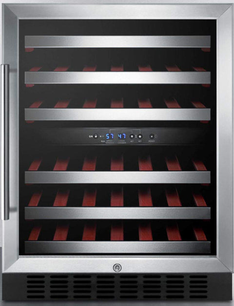 Summit SWC530BLBISTCSS 24"" Dual Zone Wine Cooler with 46 Bottle Factory Installed Lock Slide-Out Wooden Shelves Glass Door in Stainless Steel