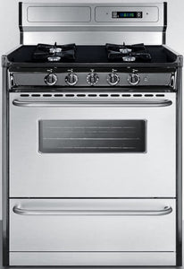 Summit Appliance TNM2307BKW 30" Wide Gas Range in Stainless Steel with Open Burners, High Backguard, Clock/Timer, Oven Window, Broiler Pan, Adjustable Oven Racks and Electronic Ignition