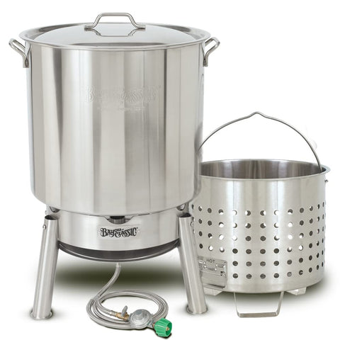 Bayou Classic KDS-982 Stainless Steel Steamer Kit Features 82-qt Stainless Stockpot with Lid, Steam Basket with Helper Handle, Single Jet 106,000 BTU Burner, 10-psi Pre-Set Regulator and 60-in Hose