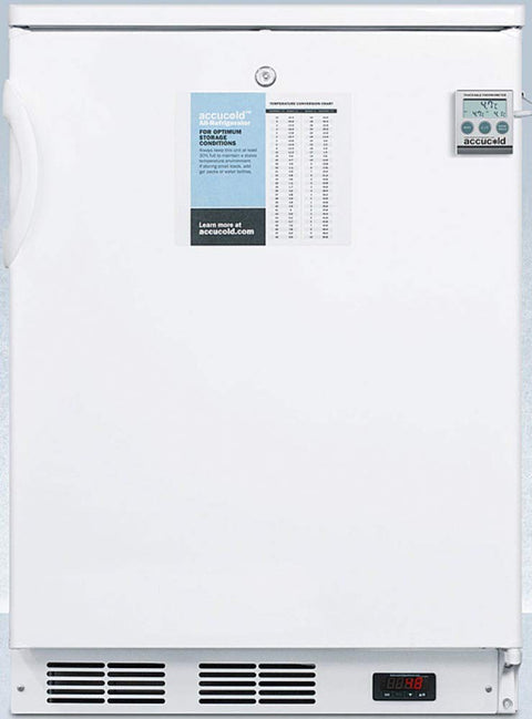24 inches wide built-in all-refrigerator in white, auto defrost with a lock, NIST calibrated thermometer, digital thermostat, door storage, and internal fan