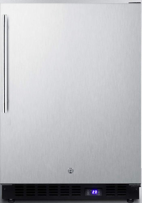 Frost-free outdoor all-freezer in complete stainless steel, with icemaker, digital thermostat, thin handle, and lock built-in or freestanding use