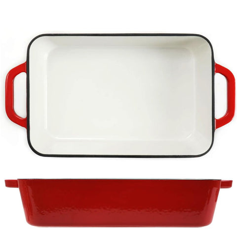 3.7 Qt Enameled Cast Iron Rectangular Roaster, Casserole Dish, Lasagna Pan, Deep Roasting Pan, for Cooking and Baking - Red