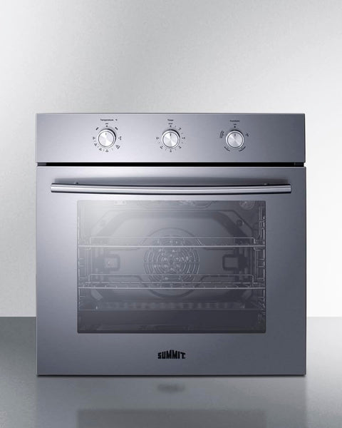 24 Inch wide gas wall oven in stainless steel with convection and rotisserie cooking designed to fit 23.23 Inch H x 22.2 Inch W x 23.62 Inch D cutouts