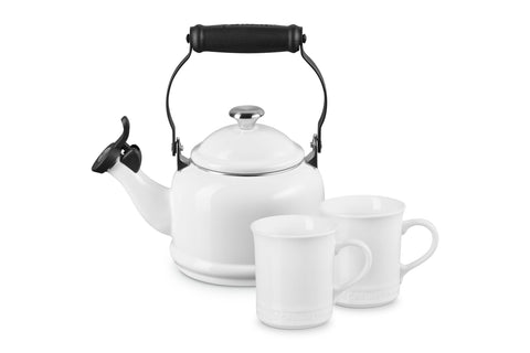 Le Creuset Enamel On Steel Demi Kettle with Metal Finishes & Stoneware Set of 2 Mugs, 1.25 qt. Kettle & (2) 14 oz. Mugs, White