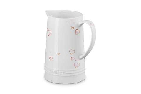 Le Creuset Mon Coeur Collection Stoneware Signature Pitcher, 1.6 Qt., White with Hearts