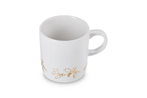 Le Creuset Stoneware Holly Collection London Mug, 12 oz., White with Gold Relief Gold