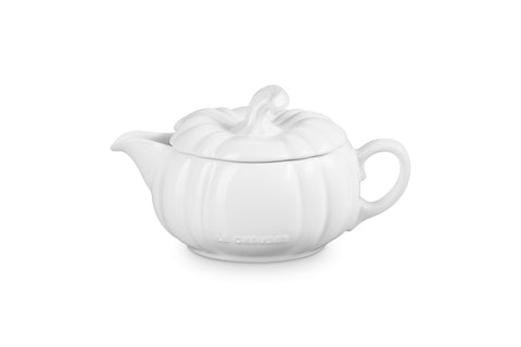 Le Creuset Stoneware Pumpkin Gravy Boat with Lid, 14 oz., White