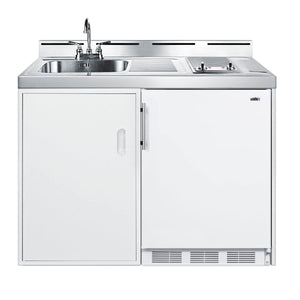 Summit 48" All-In-One Kitchenette, Refrigerator-Freezer, 2-Burner Smoothtop Cooktop, Water Jug Sink, and Storage, White - C48ELGLASSPUMP